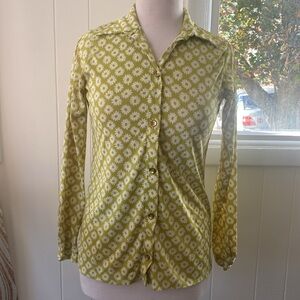 Vintage 70s Bobbie Brooks Green Flower Power Print Shirt S/M